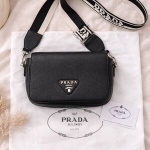 “Prada” Black Pebbled Leather Crossbody Bag w/ Logo Strap & Dust Bag - NEW